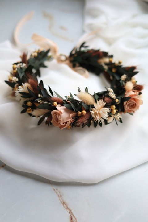 Wianek na głowę, wianek ślubny z suszonych kwiatów i wiecznymi różami NUDE