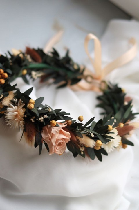 Wianek na głowę, wianek ślubny z suszonych kwiatów i wiecznymi różami NUDE