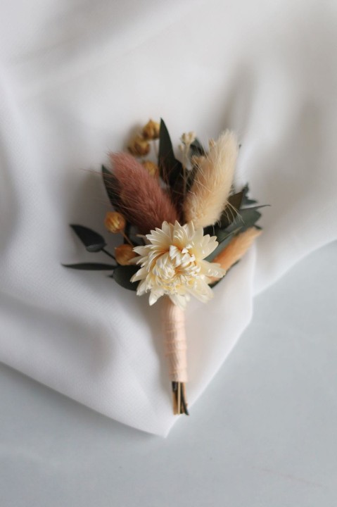 Butonierka Ślubna, butonierka dla Pana Młodego z suszonych kwiatów NUDE
