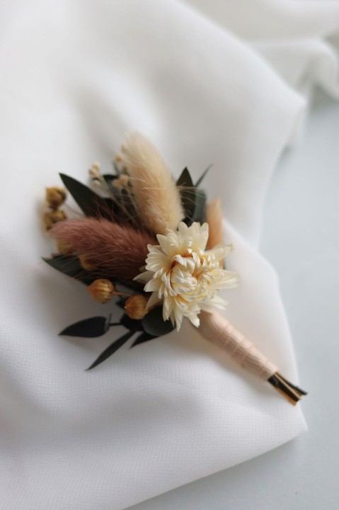 Butonierka Ślubna, butonierka dla Pana Młodego z suszonych kwiatów NUDE