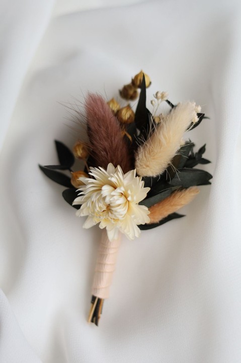 Butonierka Ślubna, butonierka dla Pana Młodego z suszonych kwiatów NUDE