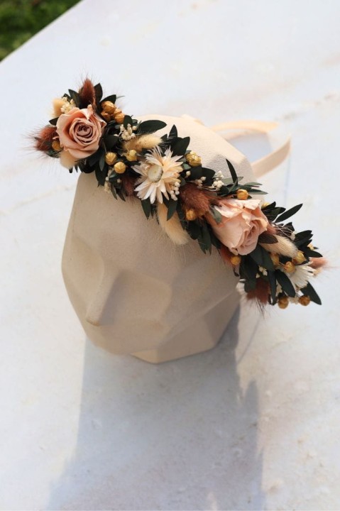 Wianek na głowę, wianek ślubny z suszonych kwiatów i wiecznymi różami NUDE