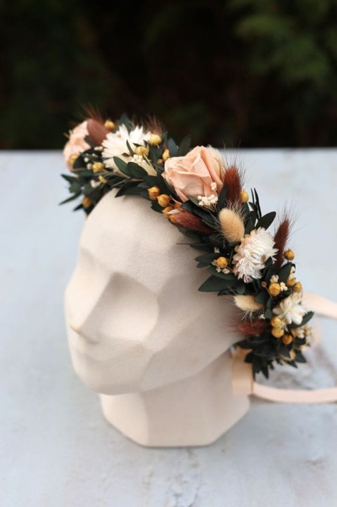 Wianek na głowę, wianek ślubny z suszonych kwiatów i wiecznymi różami NUDE