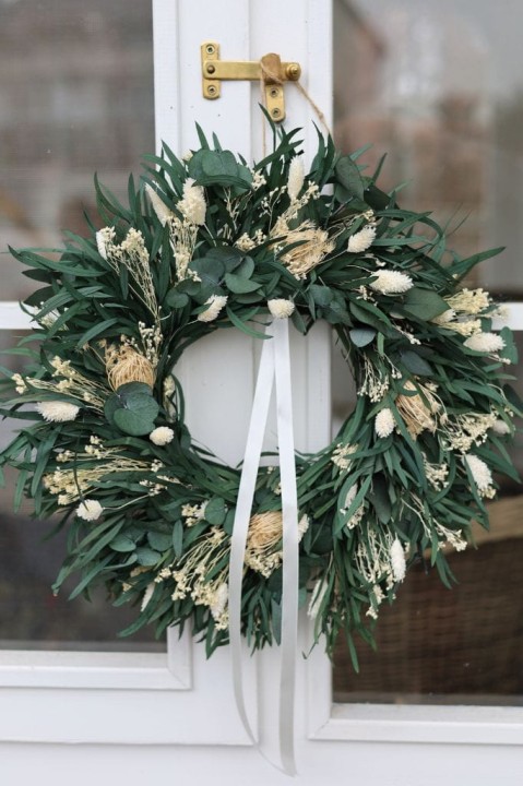 Naturalny Wianek na Drzwi, Stabilizowany Eukaliptus & Białe Suszone Kwiaty
