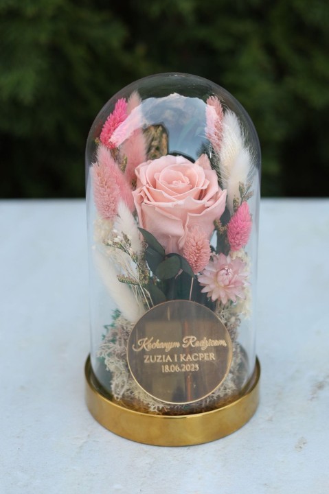 Szklana kopuła z suszonymi kwiatami, szklana kopuła z wieczną różą , szklany klosz, kwiaty pod kloszem