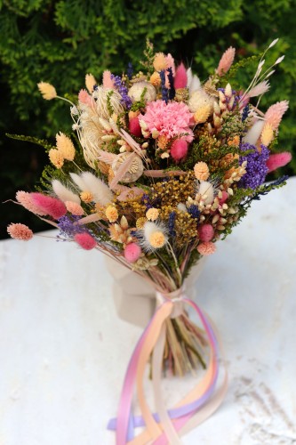 Kolorowy Rustykalny Bukiet Ślubny z Suszonych Kwiatów ze Stabilizowanym Goździkiem ZOJA, wieczny bukiet ślubny, bukiet z suszonych kwiatów