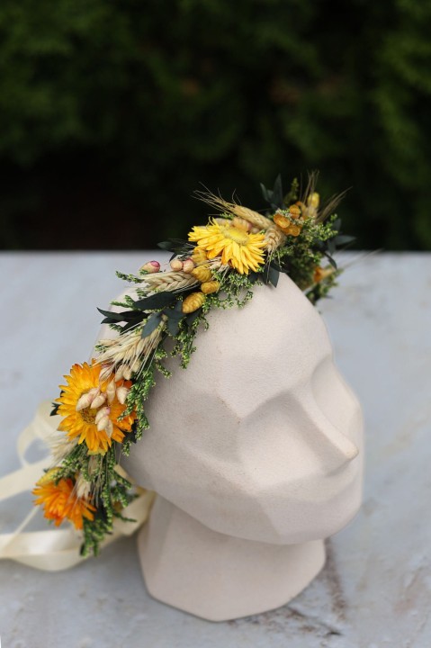 Rustykalny wianek na głowę z suszonych kwiatów i stabilizowanych roślin SUNFLOWER, Wianek Ślubny