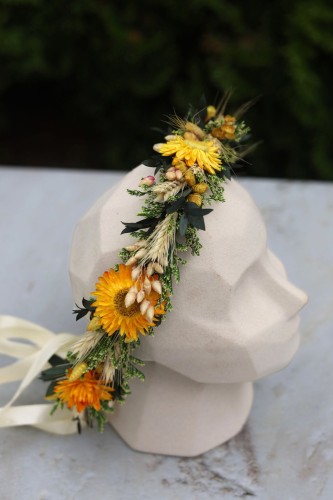 Rustykalny wianek na głowę z suszonych kwiatów i stabilizowanych roślin SUNFLOWER, Wianek Ślubny