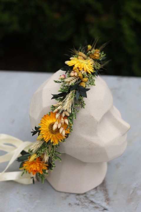 Rustykalny wianek na głowę z suszonych kwiatów i stabilizowanych roślin SUNFLOWER, Wianek Ślubny