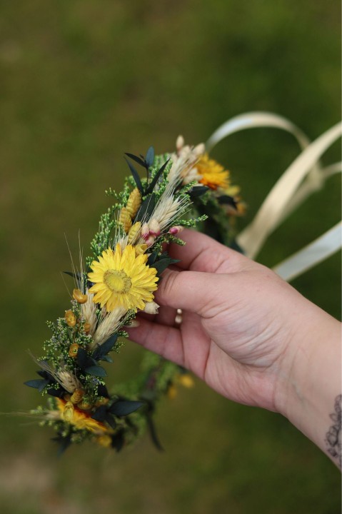 Rustykalny wianek na głowę z suszonych kwiatów i stabilizowanych roślin SUNFLOWER, Wianek Ślubny