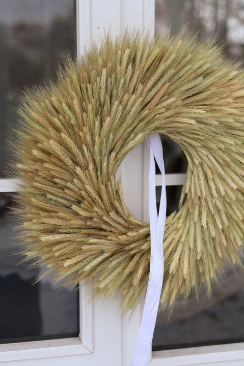Naturalny wianek boho na drzwi 50 cm, ręcznie wykonany z gęsto ułożonego suszonego pszenżyta