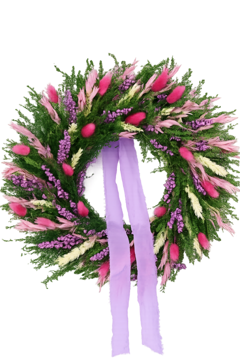 naturalny wianek na drzwi wiosenny z suszonych kwiatów zieleń biel fiolet handmade