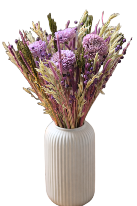 Bukiet z suszonych kwiatów w odcieniach fioletu, lawendy i beżu do wazonu, kompozycja z lnu, owsa i traw ozdobnych