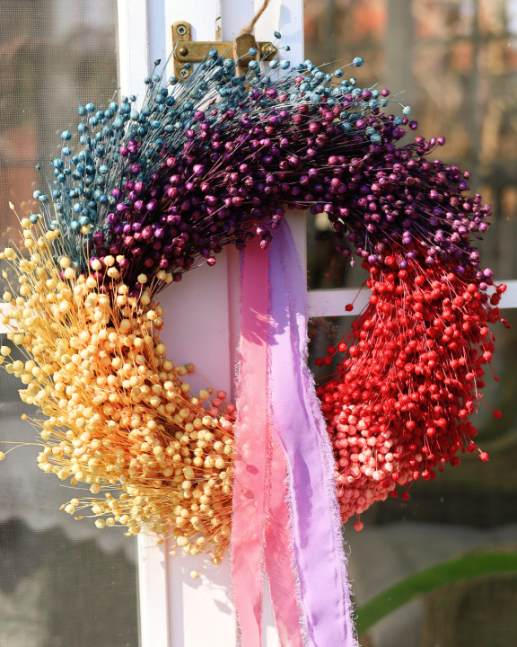 Tęczowy wianek z Suszonego Lnu