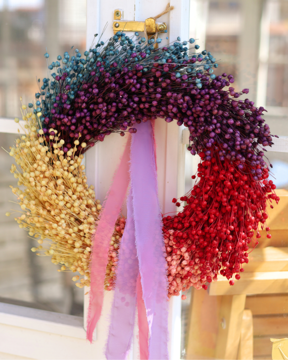 Tęczowy wianek z Suszonego Lnu