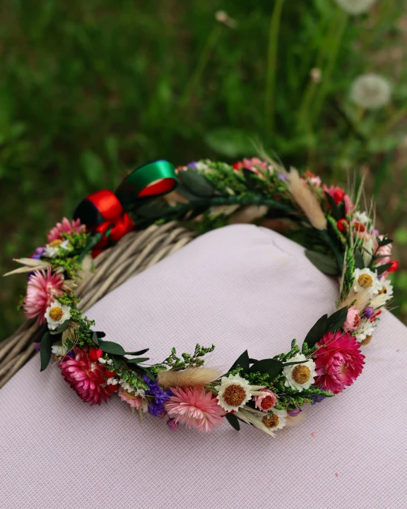 Wianek ślubny folk „Łowicka Łąka” - z suszonych kwiatów, boho, kolorowy, rustykalny