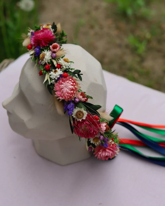 Wianek ślubny folk „Łowicka Łąka” - z suszonych kwiatów, boho, kolorowy, rustykalny