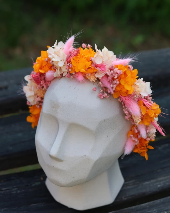 Wianek ślubny / opaska na głowę „Peach Blush” - różowo-brzoskwiniowy, boho, z suszonych kwiatów