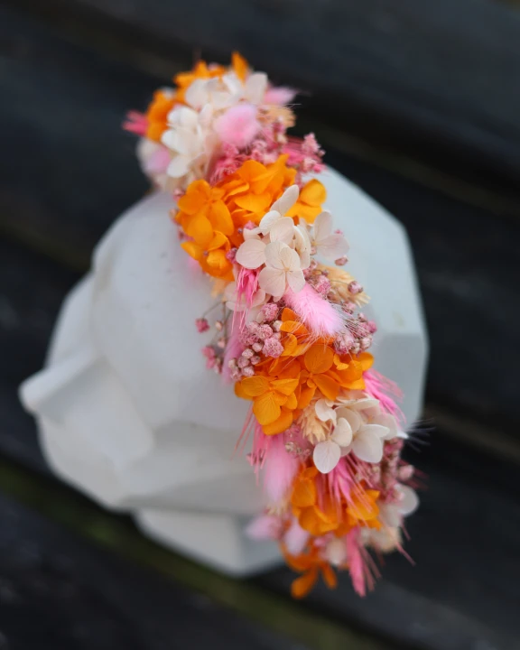 Wianek ślubny / opaska na głowę „Peach Blush” - różowo-brzoskwiniowy, boho, z suszonych kwiatów