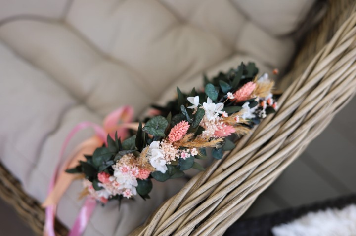Wianek ślubny z suszonych kwiatów , wianek na głowę