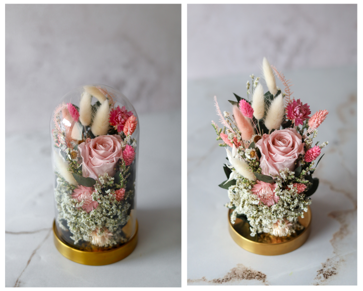 Szklana kopuła z suszonymi kwiatami, szklana kopuła z wieczną różą , szklany klosz, kwiaty pod kloszem