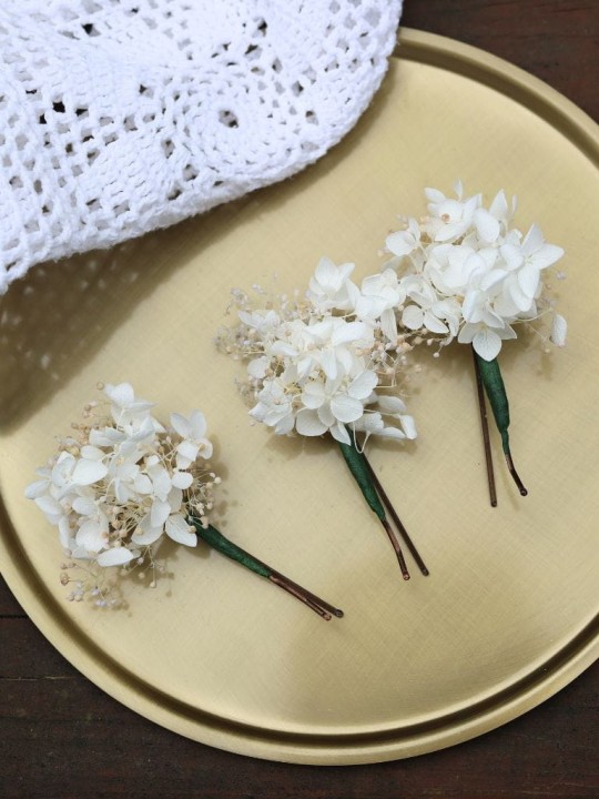 Wsuwki Kokówki Ślubne - Stabilizowana Hortensja i Gipsówka, ozdoby do włosów ślub