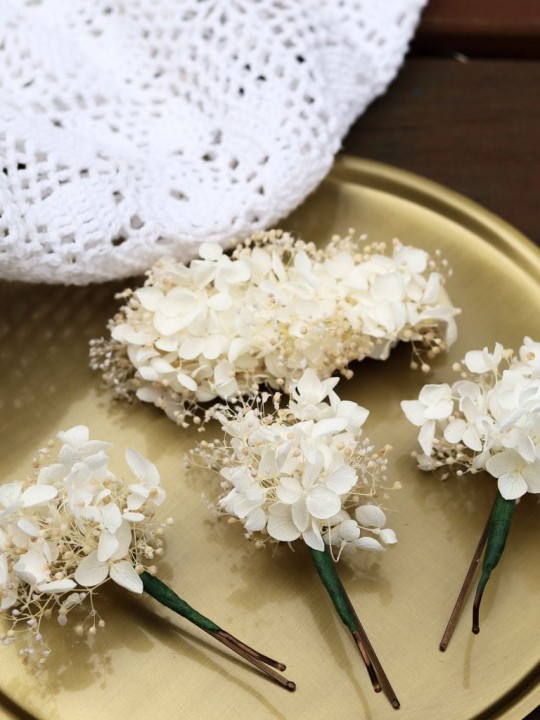 Wsuwki Kokówki Ślubne - Stabilizowana Hortensja i Gipsówka, ozdoby do włosów ślub