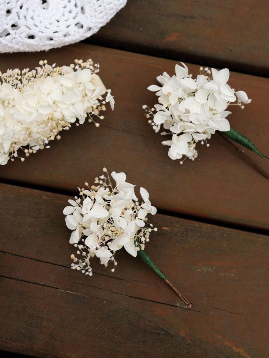 Wsuwki Kokówki Ślubne - Stabilizowana Hortensja i Gipsówka, ozdoby do włosów ślub