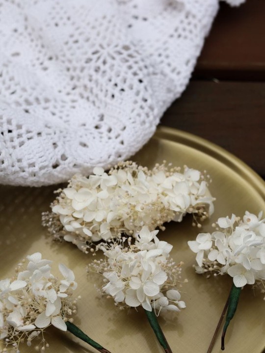 Wsuwki Kokówki Ślubne - Stabilizowana Hortensja i Gipsówka, ozdoby do włosów ślub