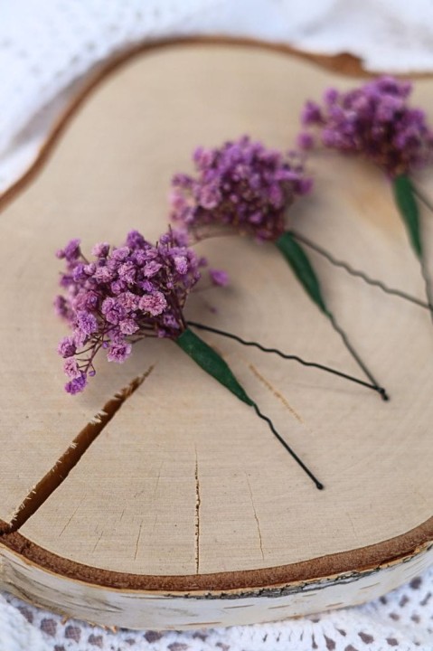 Wsuwki Kokówki Ślubne - Stabilizowana Gipsówka Fiolet, ozdoby do włosów ślub