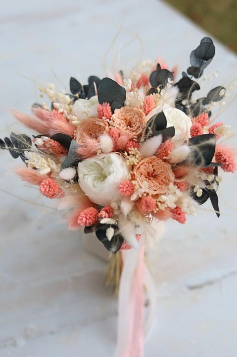 Bukiet Ślubny Piwonie & Wieczne Róże, bukiet dla Panny Młodej, wieczny bukiet ślubny, bukiet z suszonych kwiatów