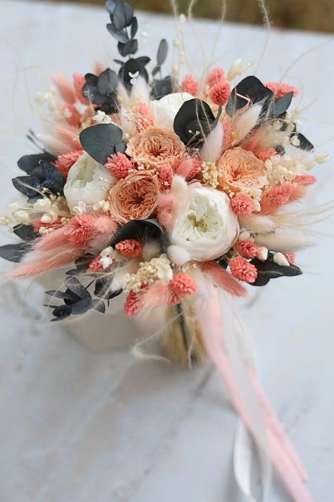 Bukiet Ślubny Piwonie & Wieczne Róże, bukiet dla Panny Młodej, wieczny bukiet ślubny, bukiet z suszonych kwiatów