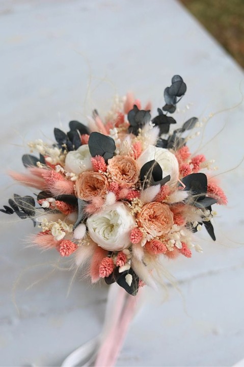 Bukiet Ślubny Piwonie & Wieczne Róże, bukiet dla Panny Młodej, wieczny bukiet ślubny, bukiet z suszonych kwiatów